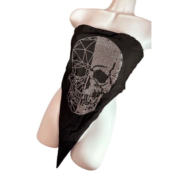 AKIRA Tops - Akira Black Rhinestone Skull Handkerchief Tube‎ Top Strapless Goth alterntive
